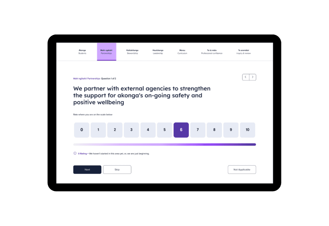Capability Review Tool in action with a self-assessment question about partnerships